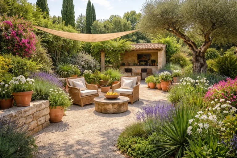 Zonnige mediterrane tuin met grindpad, terracotta potten, lavendel en zitplek onder een schaduwdoek.