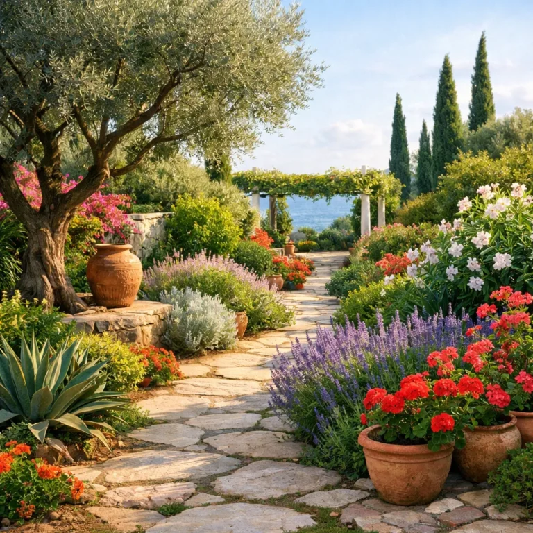 Zonovergoten mediterrane tuin met stenen pad, olijfboom en kleurrijke bloemen.