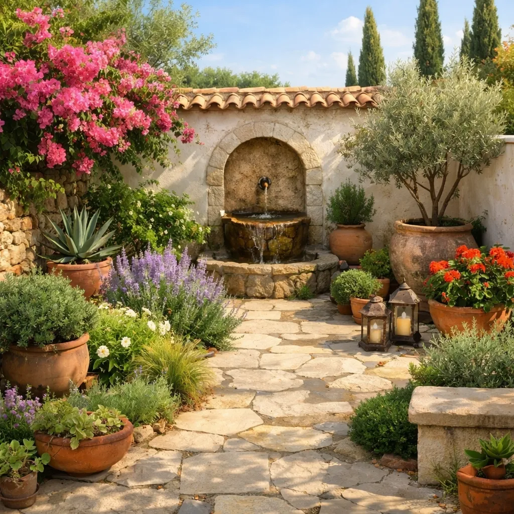 Gezellige kleine mediterrane tuin met terracotta potten en fontein.