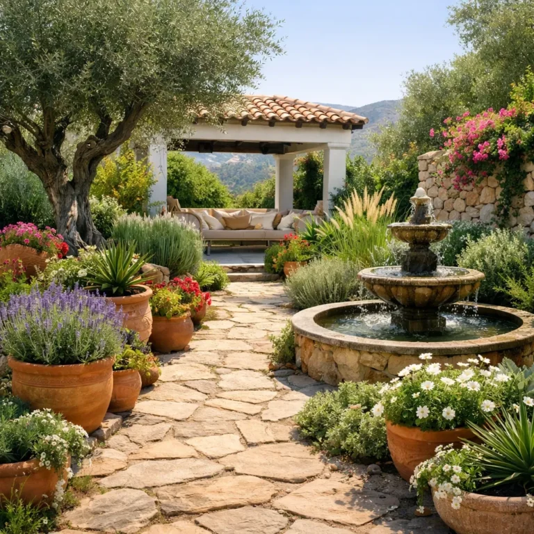 Zonnige mediterrane tuin met olijfboom, stenen pad en fontein.