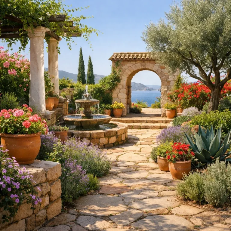Zonnige mediterrane tuin met olijfboom, lavendel en terracotta potten.