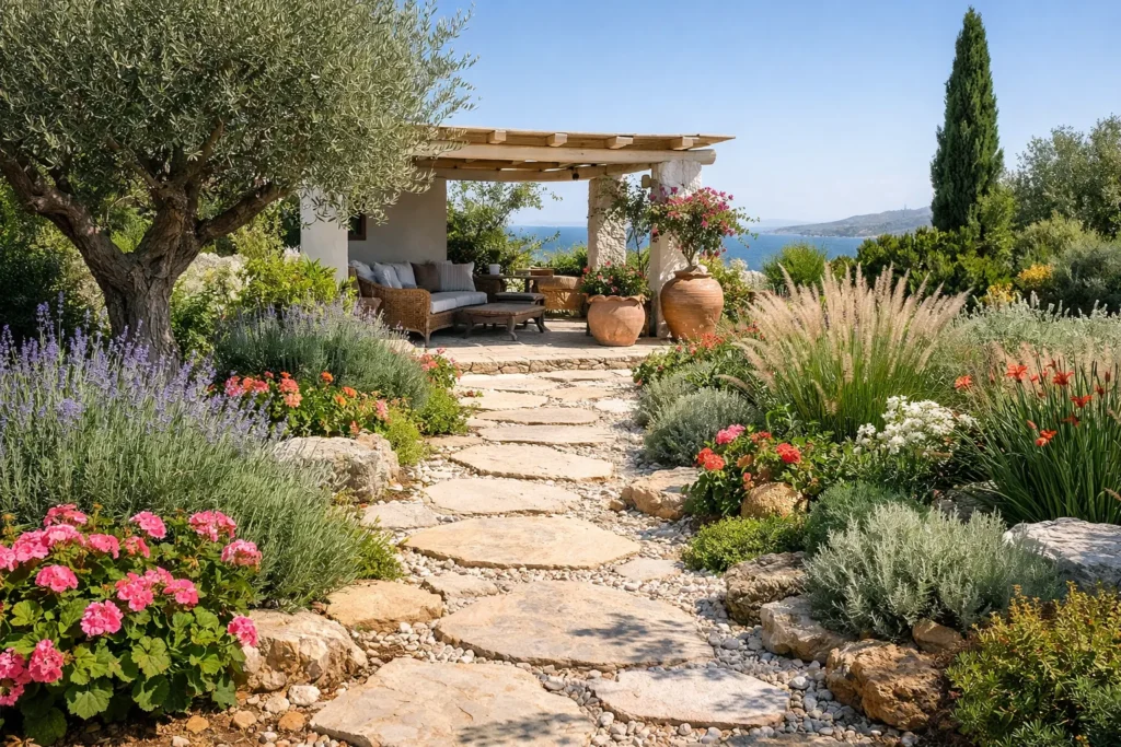 Mediterrane tuin met stenen pad, lavendel en pergola aan zee.