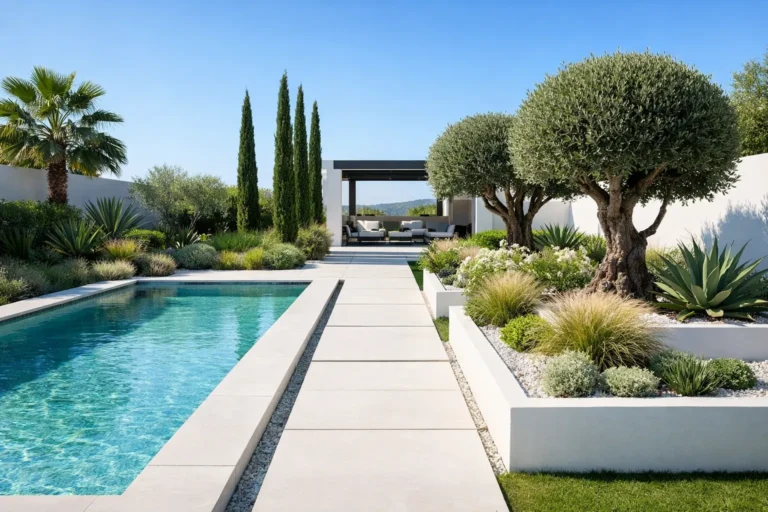 Moderne mediterrane tuin met strakke lijnen, olijfbomen en lichte stenen terrastegels.