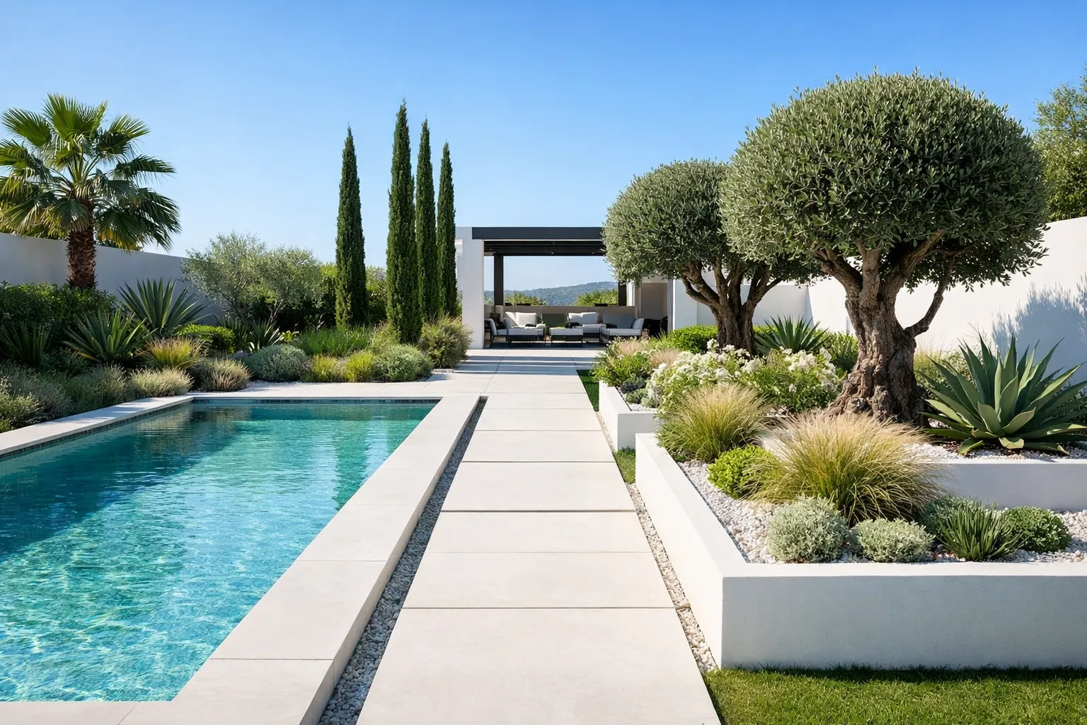 Moderne mediterrane tuin met strakke lijnen, olijfbomen en lichte stenen terrastegels.