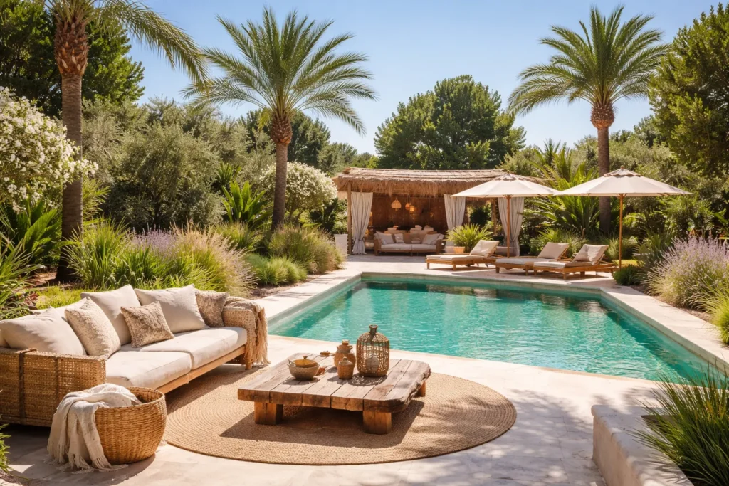 Luxe Ibiza-stijl tuin met turquoise zwembad, palmbomen en loungehoek.