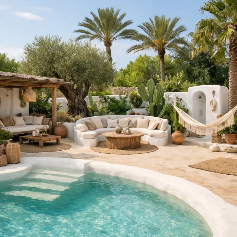 Mediterrane Ibiza tuin met wit terras, loungehoek en turquoise zwembad.