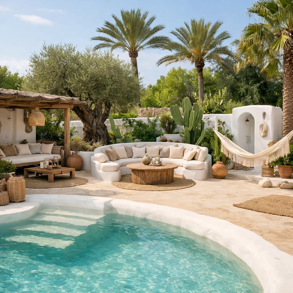 Mediterrane Ibiza tuin met wit terras, loungehoek en turquoise zwembad.