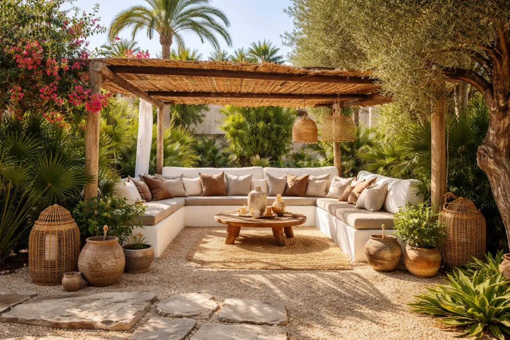 Stijlvolle Ibiza tuin met witte lounge, houten pergola en palmbomen