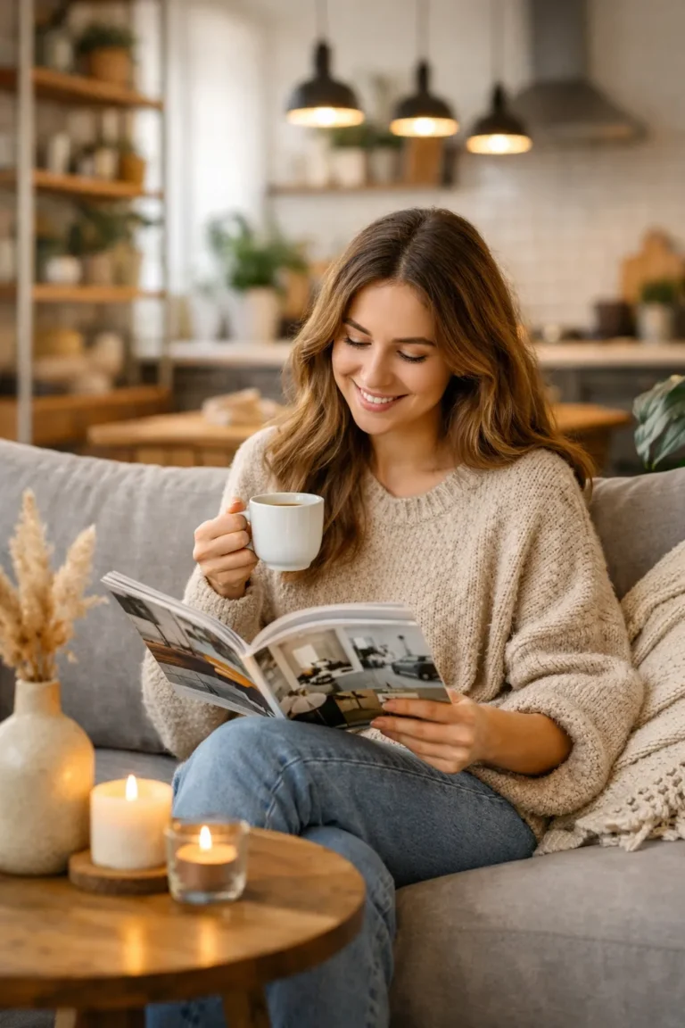 Een comfortabele woonkamer met een vrouw die geniet van een tijdschrift en een kopje koffie.