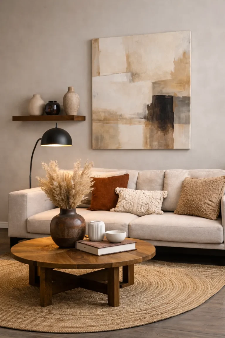 Stijlvolle woonkamer met beige bank, houten salontafel en abstract schilderij, verlicht door natuurlijk licht.