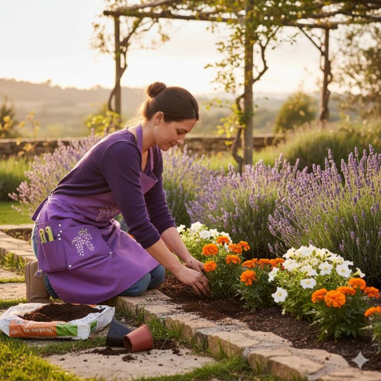 De vrouw plant bloemen