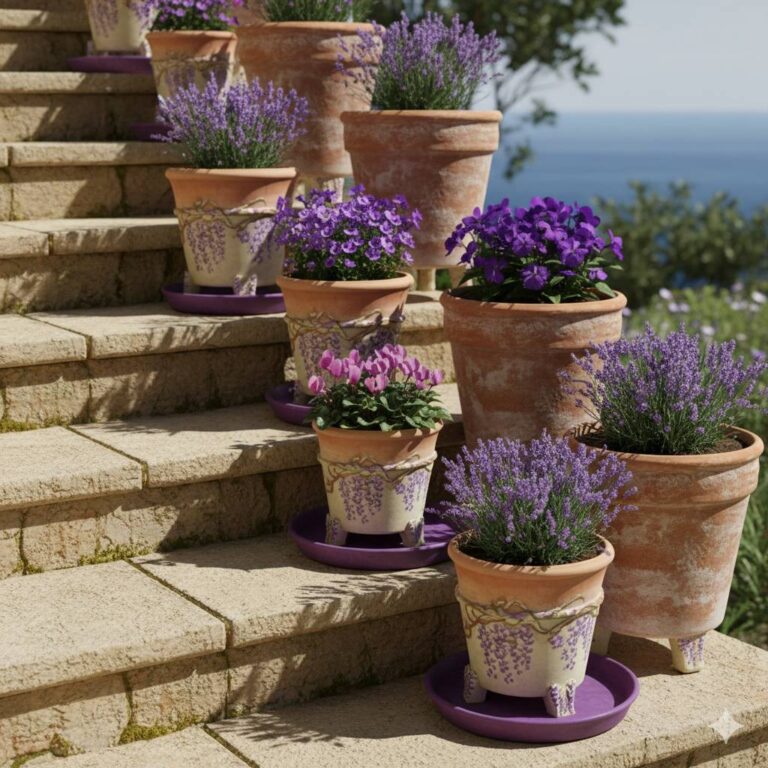 Terracotta pottenverzameling op mediterrane stenen trappen