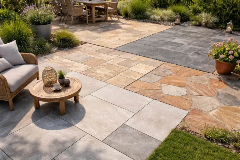 Terras met diverse natuursteen tegels in warme en grijze tinten in een tuinomgeving