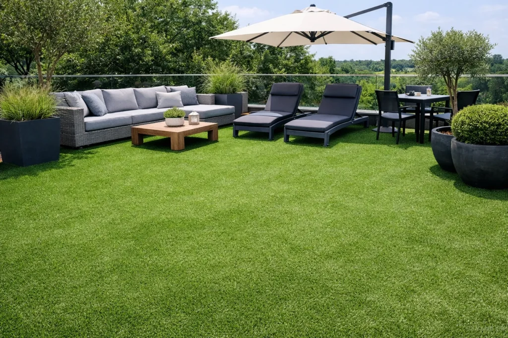 Modern terras met groen kunstgras, loungebank en ligstoelen