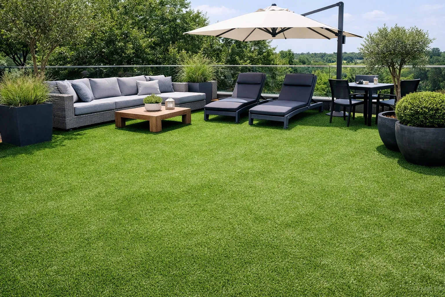 Modern terras met groen kunstgras, loungebank en ligstoelen