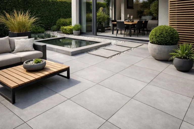 Modern terras met grijze 60x60 tegels en minimalistische tuin.