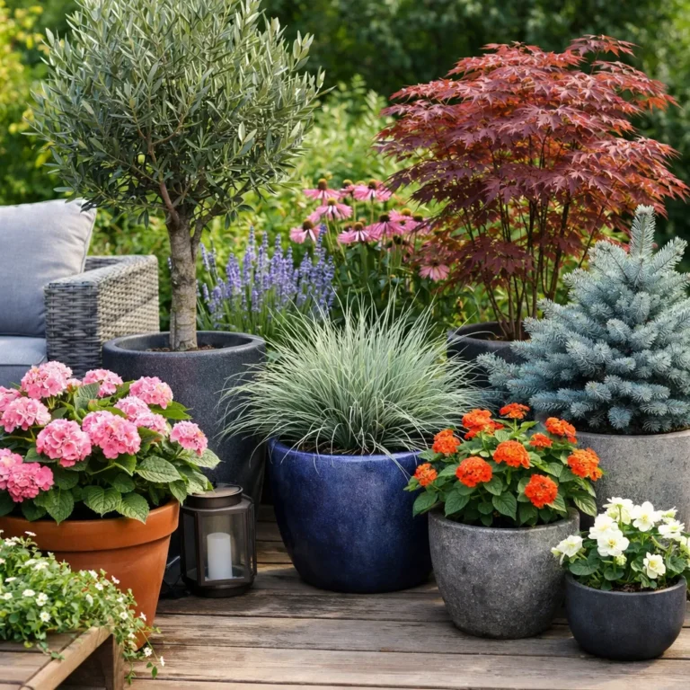 Verschillende bloeiende en groene terrasplanten in potten op een houten terras.