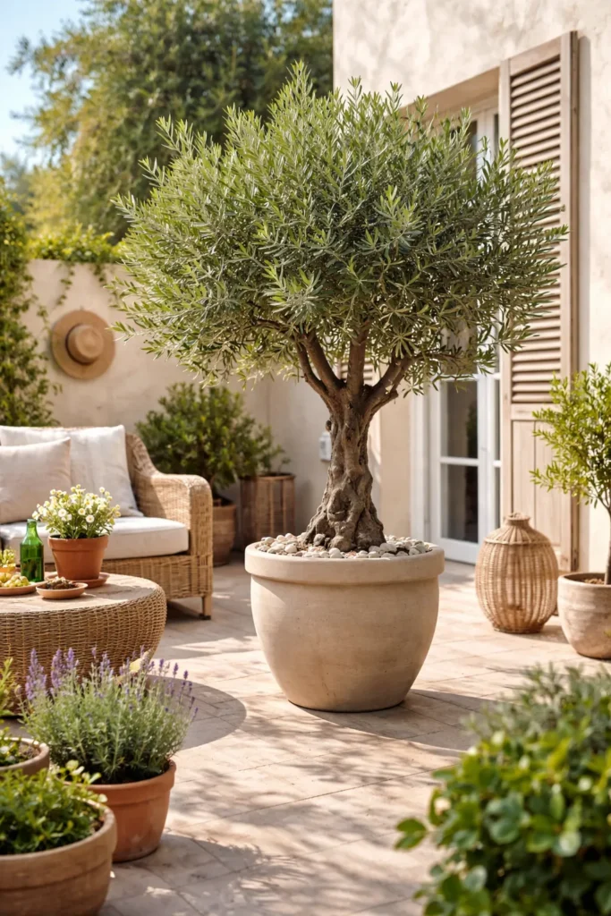 Olijfboom in grote terracotta pot op mediterraan terras