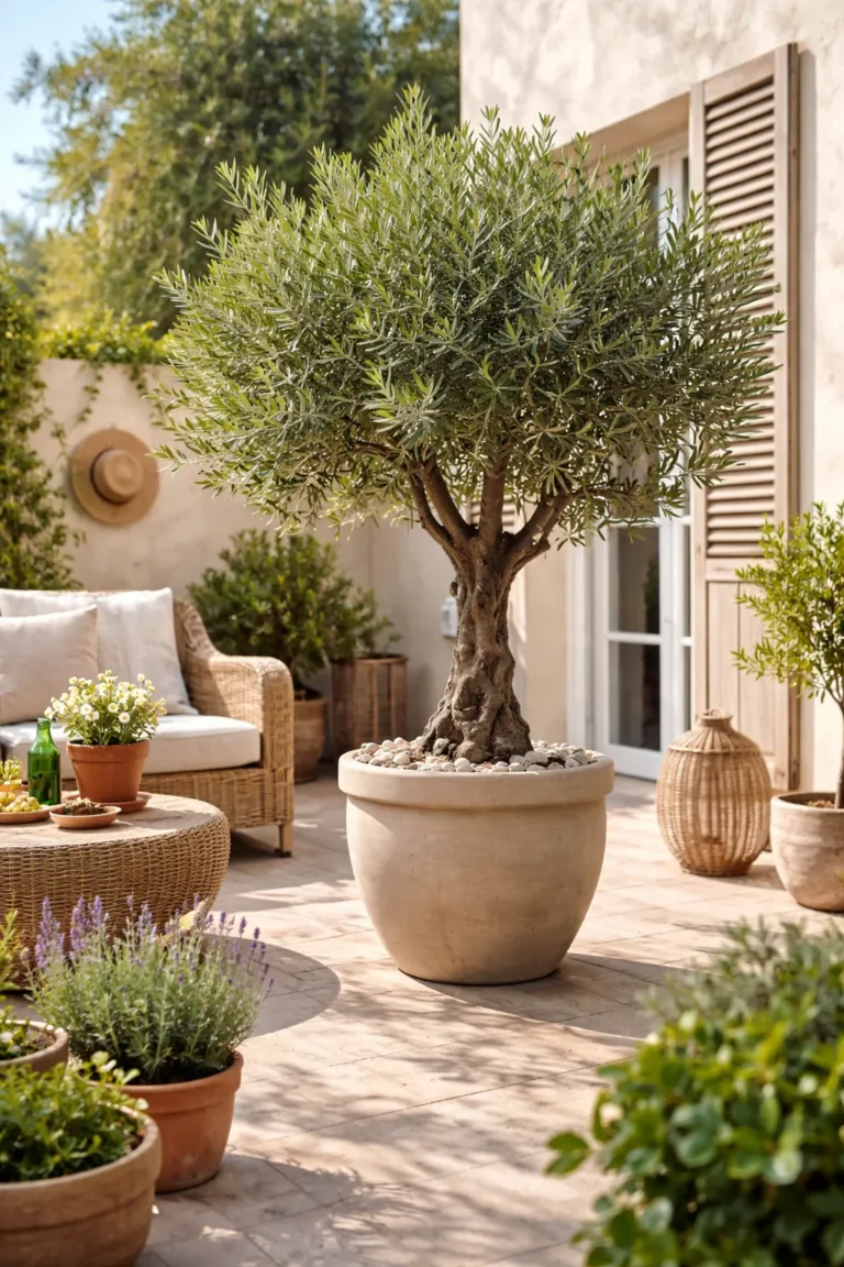Olijfboom in grote terracotta pot op mediterraan terras