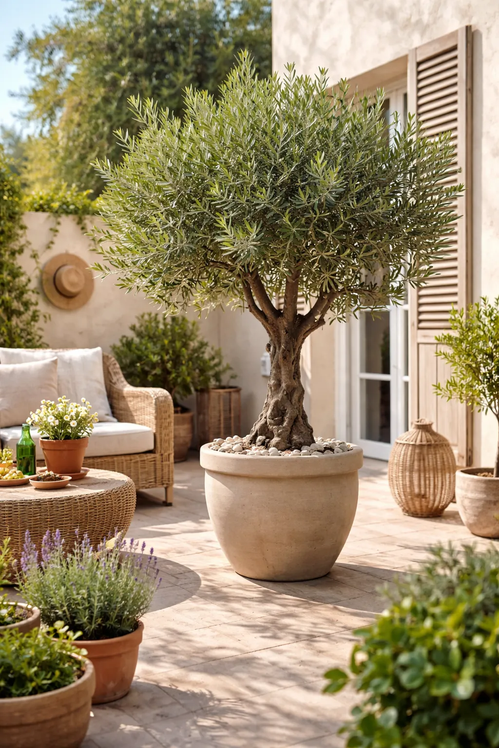 Olijfboom in grote terracotta pot op mediterraan terras