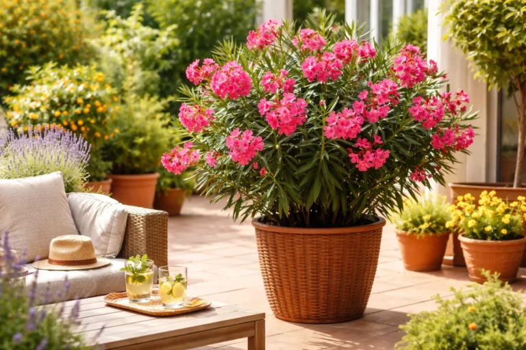 Roze oleander in grote pot op zonnig terras met andere kuipplanten.
