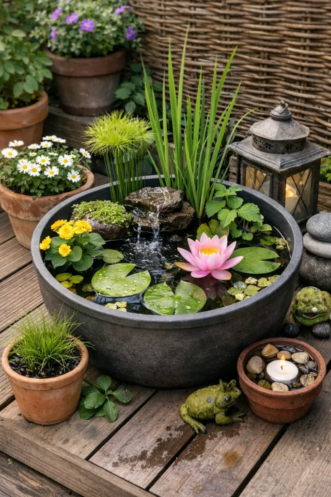 Ronde mini vijver in pot op houten terras met waterlelie en waterplanten