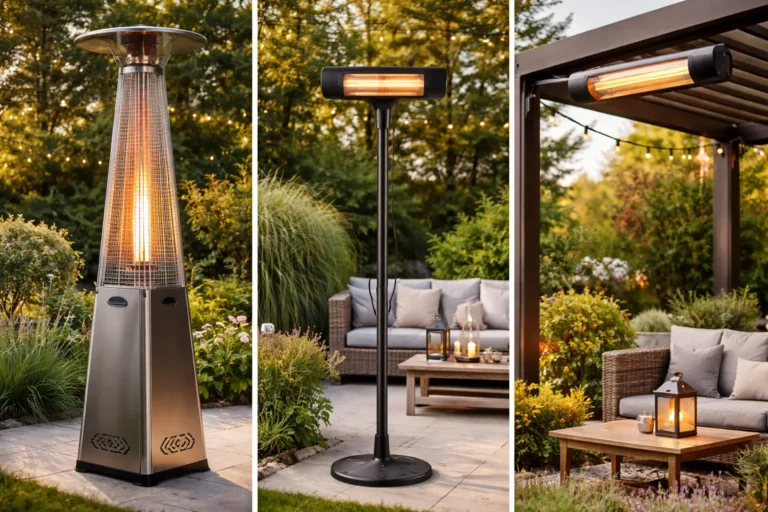 elektrische en infrarood terrasverwarmer op een sfeervol terras
