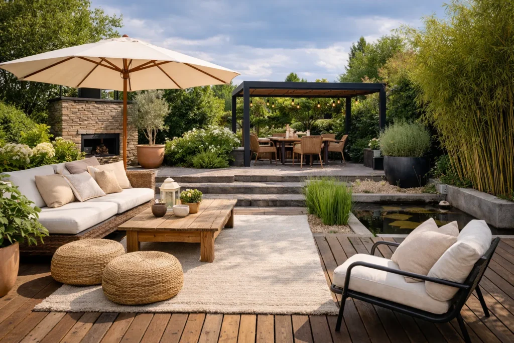 Sfeervol terras met houten vlonder, loungeset, pergola en veel groen