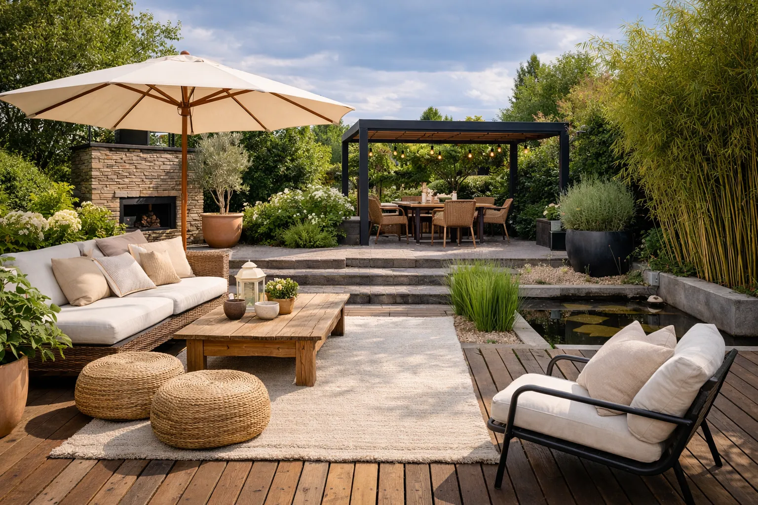 Sfeervol terras met houten vlonder, loungeset, pergola en veel groen