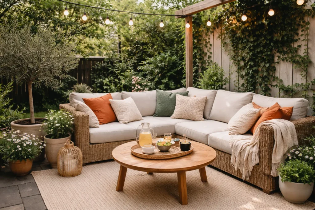 Gezellig ingericht terras met hoekbank, houten tafel en veel groene planten
