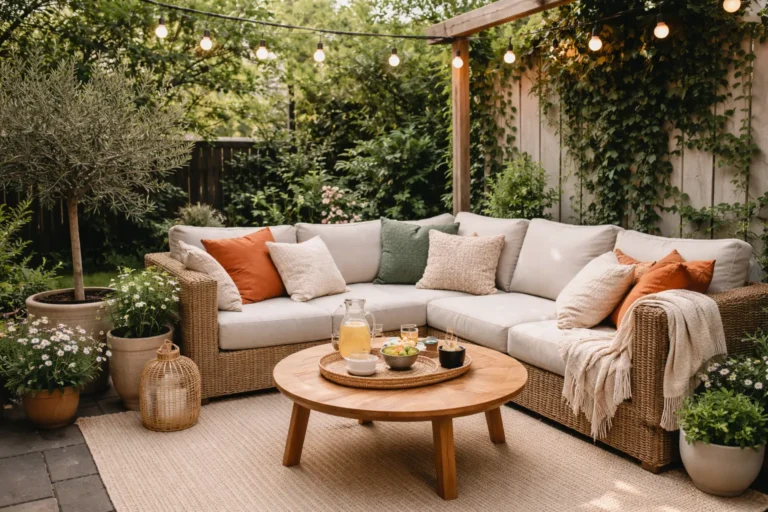 Gezellig ingericht terras met hoekbank, houten tafel en veel groene planten