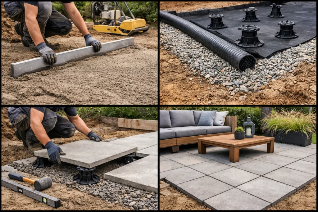 Stappen van egaliseren tot het plaatsen van terrastegels en het afgewerkte terras.