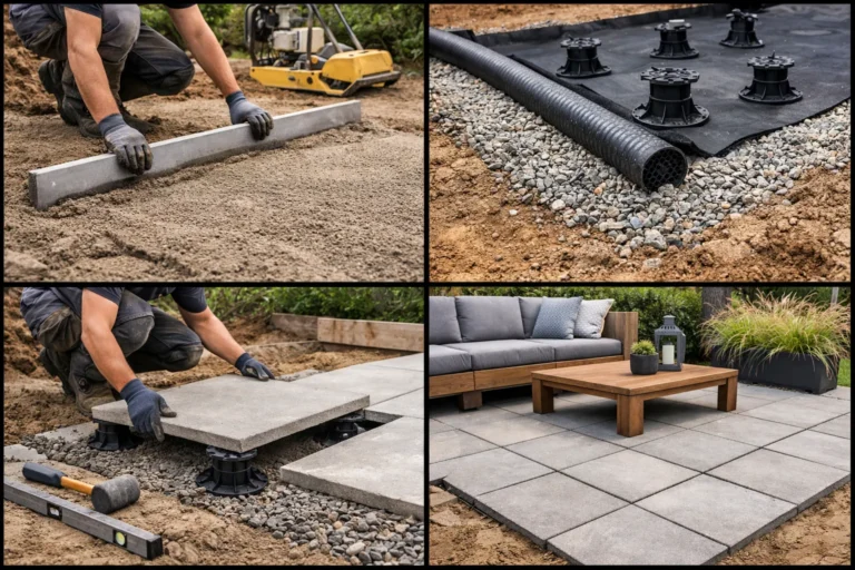 Stappen van egaliseren tot het plaatsen van terrastegels en het afgewerkte terras.