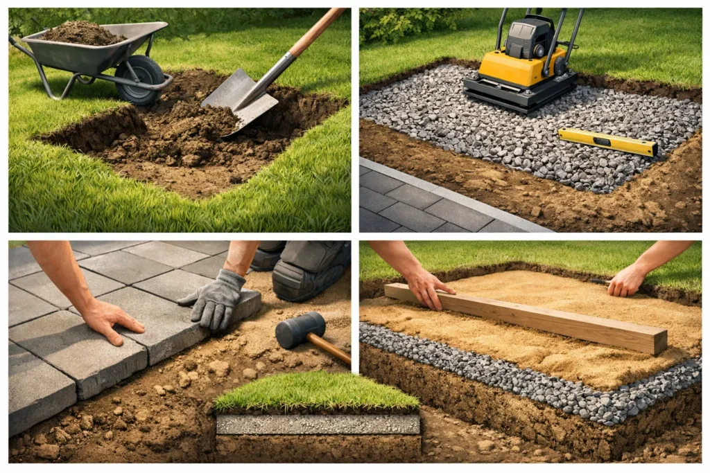 Stappen voor het voorbereiden van een stabiele terrasfundering met grind, zand en tegels.