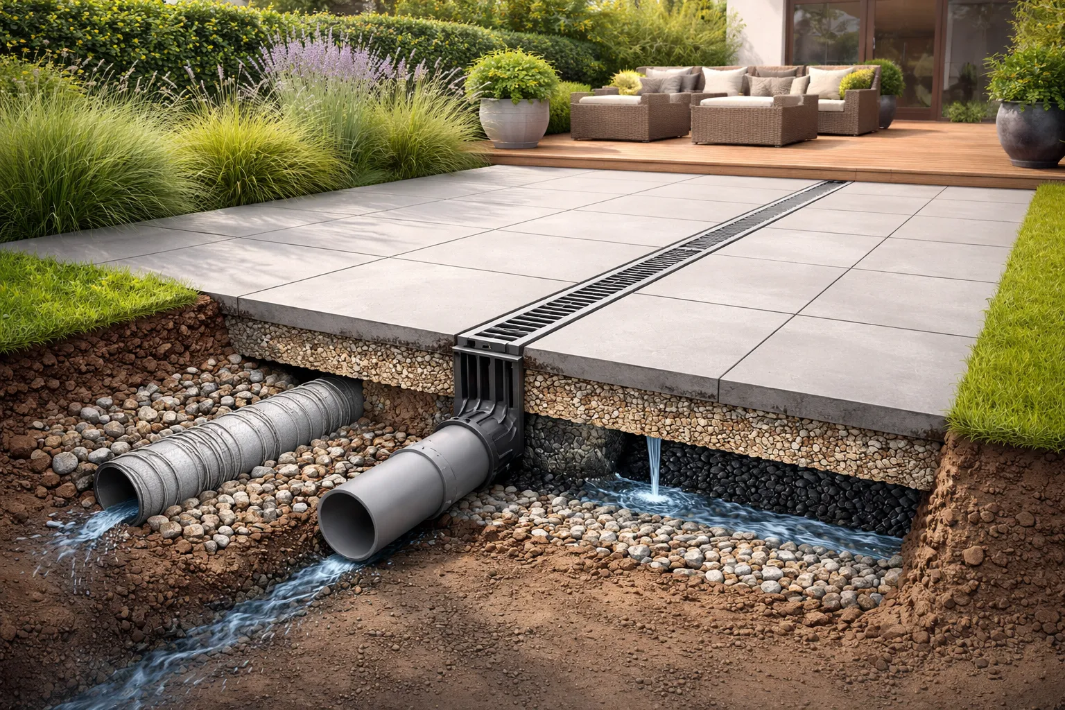 Doorsnede van terras met afschot, drainagebuis en lijngoot voor waterafvoer zonder plassen.