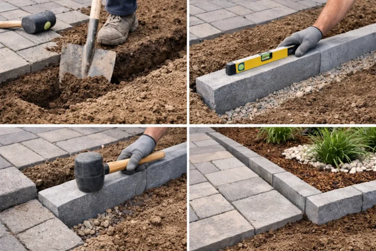 Stappen voor het plaatsen en afwerken van betonnen opsluitbanden rond een terras.