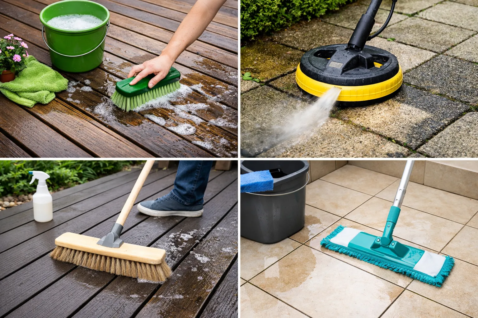 Collage met houten terras, stenen tegels, composiet vlonder en keramische vloer die elk op passende wijze worden gereinigd.