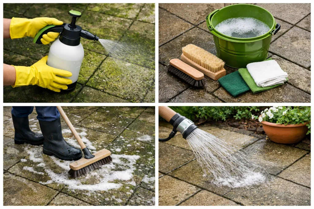 Schoonmaken van terras met groene aanslag met borstel en water