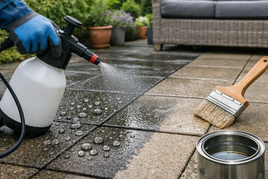 Terrastegels worden geïmpregneerd met een sproeier en kwast buiten in de tuin.