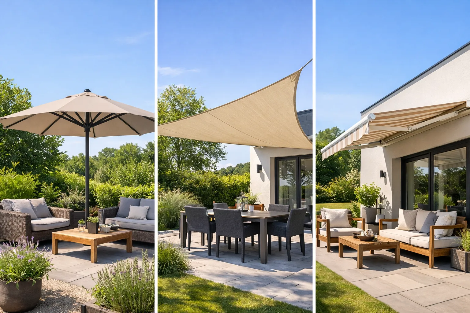 Drie soorten terraszonwering: parasol, schaduwdoek en zonnescherm bij moderne woning.