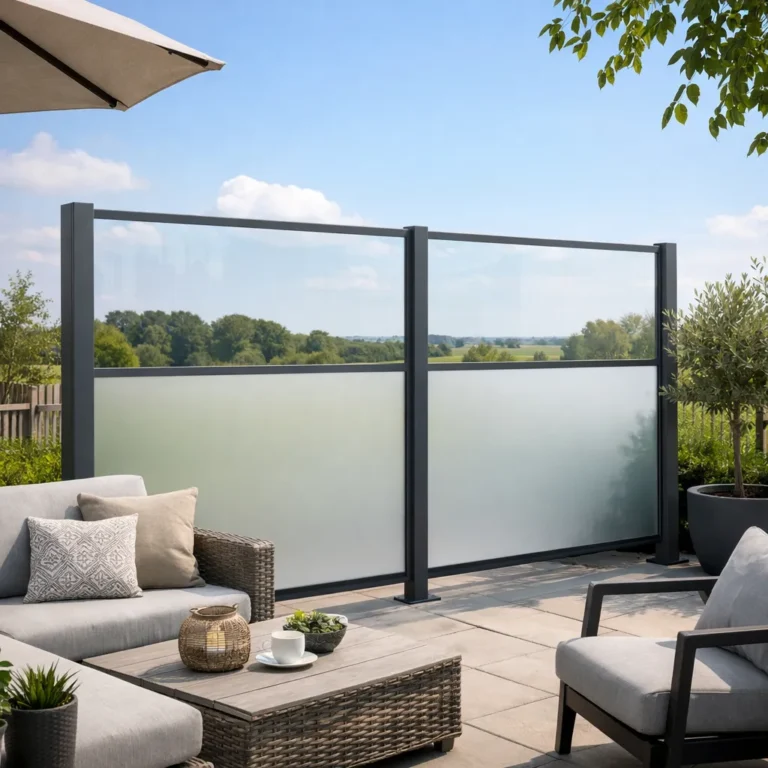 Stijlvol terras met glazen windscherm en loungeset in de tuin