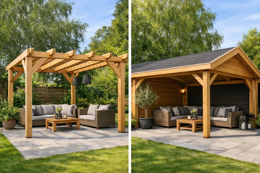 Houten pergola en overkapping op zonnig terras in de tuin