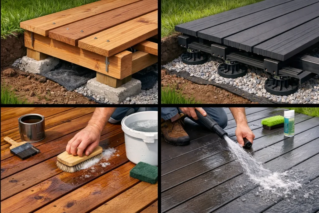 Vergelijking van houten en composiet vlonder met opbouw en onderhoud in één afbeelding