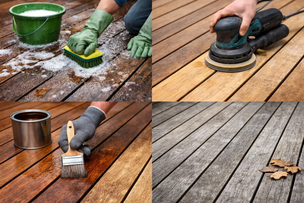Stappen van terrasreiniging, schuren, oliën en natuurlijke vergrijzing van hout