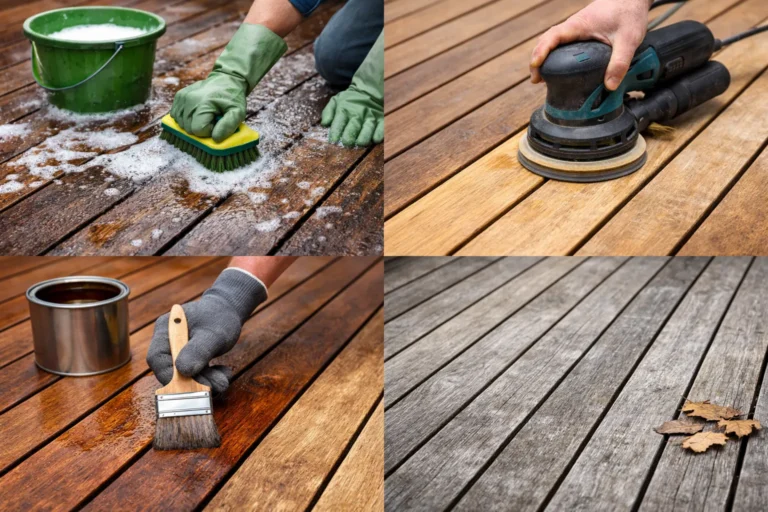 Stappen van terrasreiniging, schuren, oliën en natuurlijke vergrijzing van hout