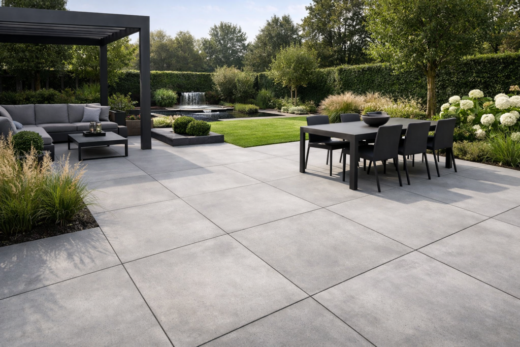 Ruim betonnen terras met lounge en eettafel in moderne tuin