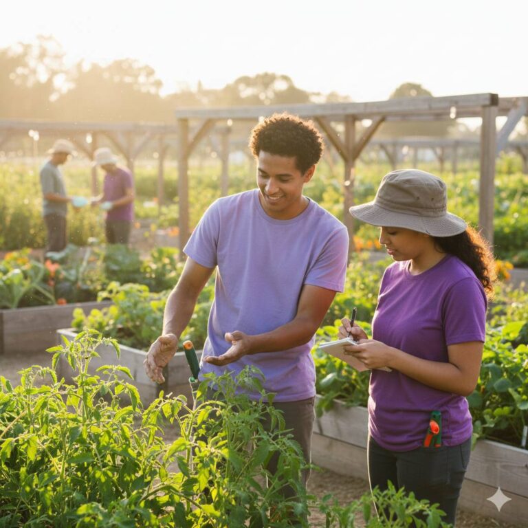 Twee tuinders werken samen in een gemeenschappelijke tuin